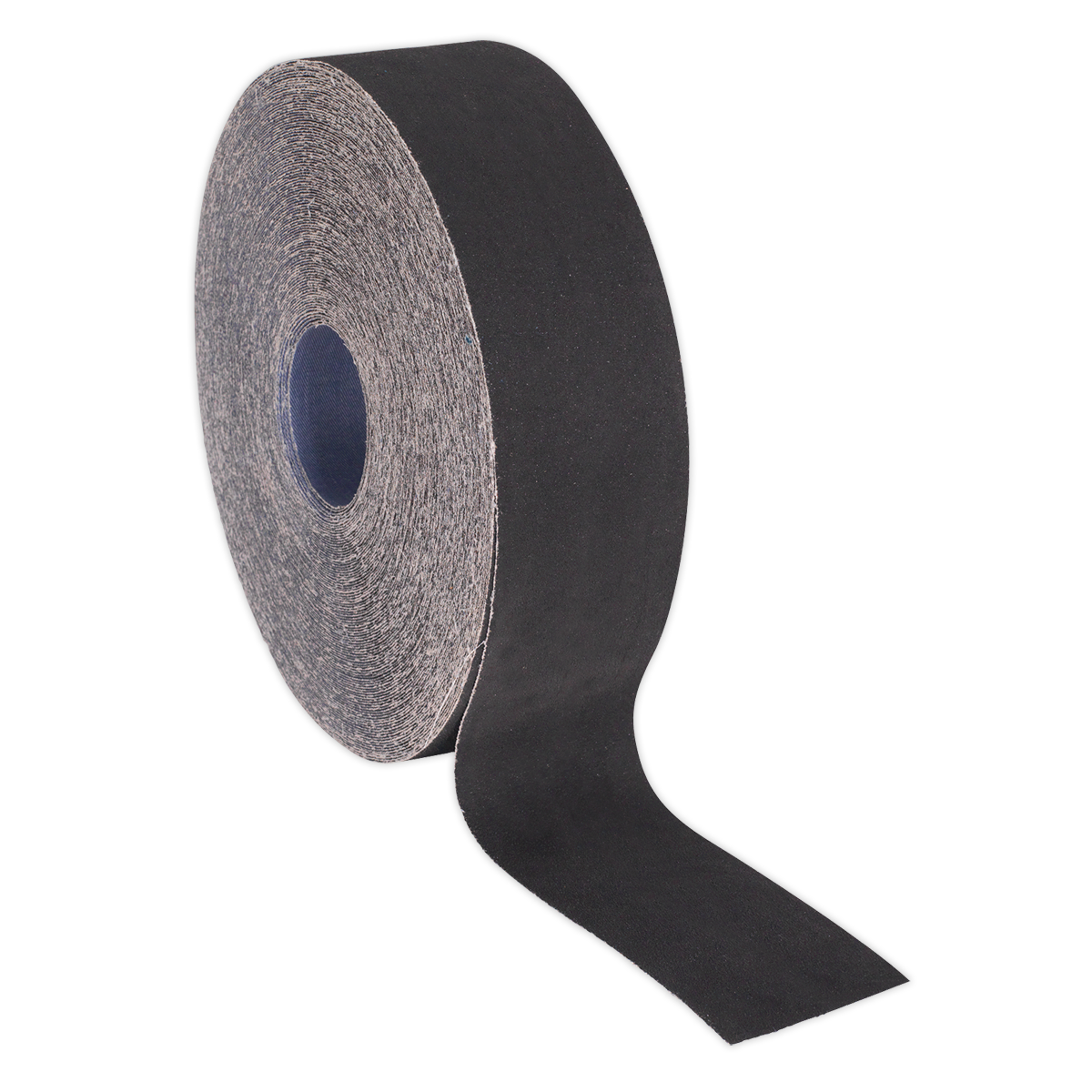 A roll of black self-adhesive tape partially unrolled, showcasing its texture and thickness, akin to the Sealey Emery Roll Blue Twill 50mm x 50m 40 Grit (ER505040) used in metal finishing.