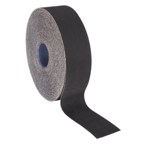 A roll of black self-adhesive tape partially unrolled, showcasing its texture and thickness, akin to the Sealey Emery Roll Blue Twill 50mm x 50m 40 Grit (ER505040) used in metal finishing.