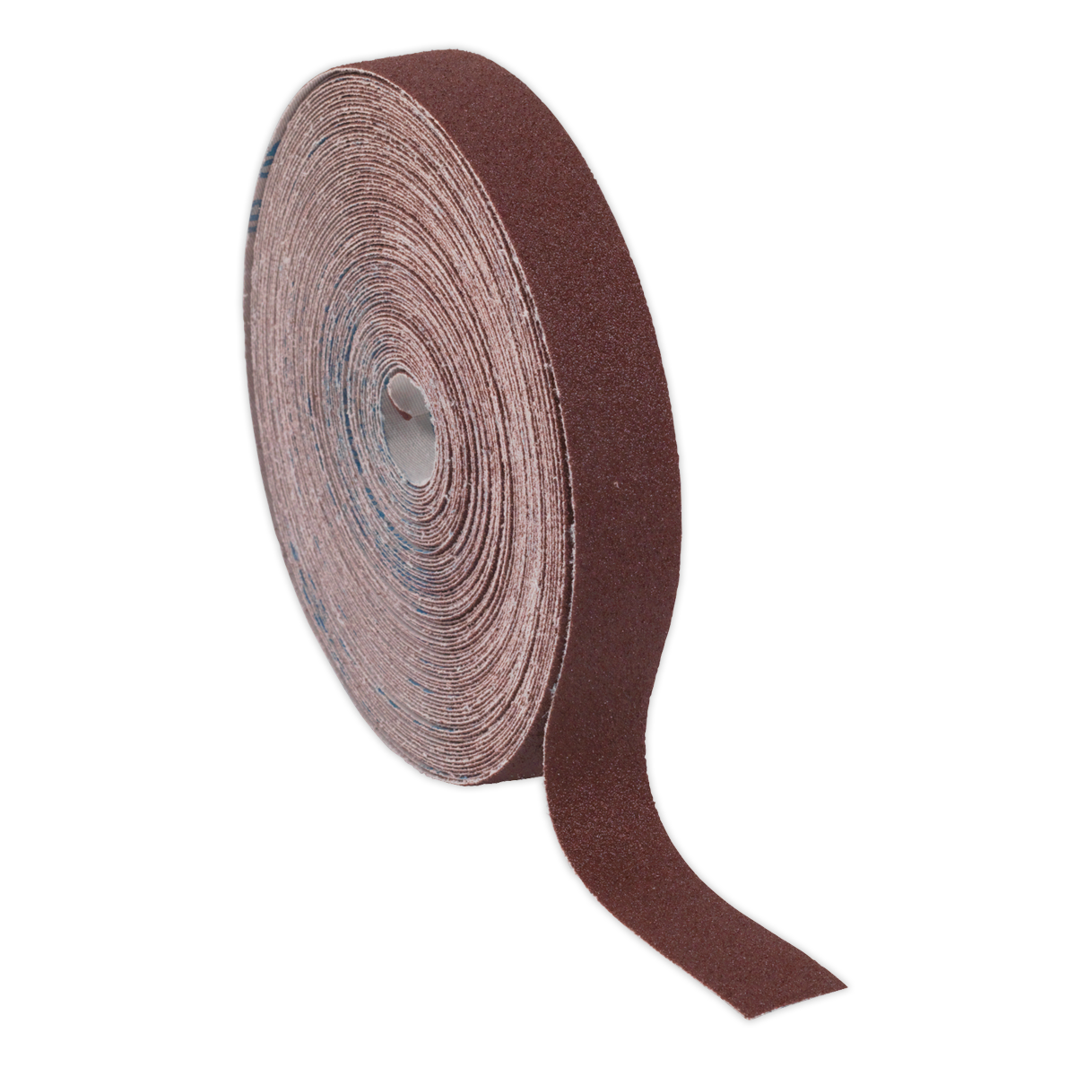 Emery Roll Brown 25mm x 50m 120Grit - ERB2550120 by Sealey with a section slightly peeled off, revealing the engineering-grade sticky side.