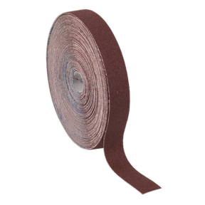 A roll of Sealey's Emery Roll Brown 25mm x 50m 80 Grit (ERB255080), ideal for rust removal, partially unrolled and isolated on a white background.