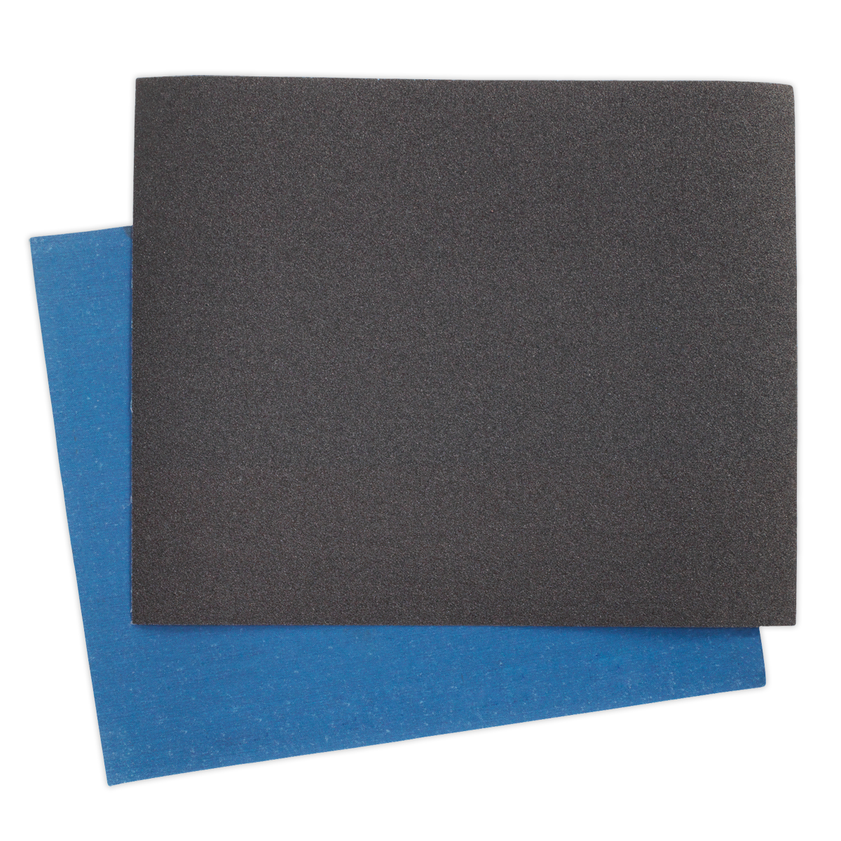 Two **Emery Sheet Blue Twill 230 x 280mm 80Grit Pack of 25 - ES232880** by **Sealey** are overlaid on each other. These blue, 80 grit sheets are ideal for metal finishing tasks.