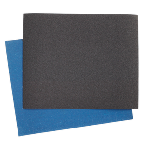 Two **Emery Sheet Blue Twill 230 x 280mm 80Grit Pack of 25 - ES232880** by **Sealey** are overlaid on each other. These blue, 80 grit sheets are ideal for metal finishing tasks.