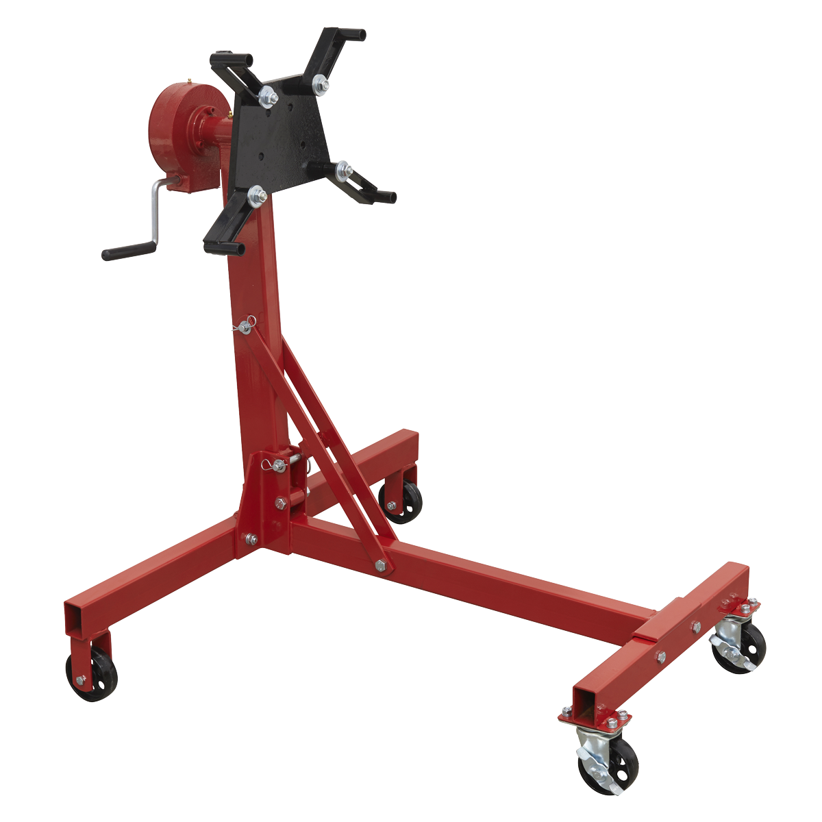 The Sealey Folding 360º Rotating Engine Stand with Geared Handle Drive (model ES480D), a red stand designed to support up to 450kg, features adjustable arms, caster wheels, and a hand crank for facilitating full engine rotation during maintenance.