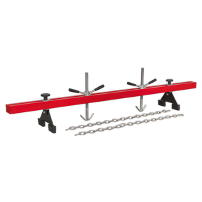 Sealey's Engine Support Beam 500kg Capacity Double Support (ES502) features adjustable brackets and chains, making it ideal for suspending and stabilizing engines during maintenance positioning or aiding in gearbox removal in automotive work.