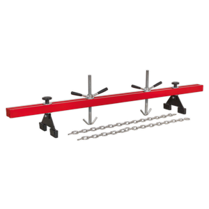 Sealey's Engine Support Beam 500kg Capacity Double Support (ES502) features adjustable brackets and chains, making it ideal for suspending and stabilizing engines during maintenance positioning or aiding in gearbox removal in automotive work.