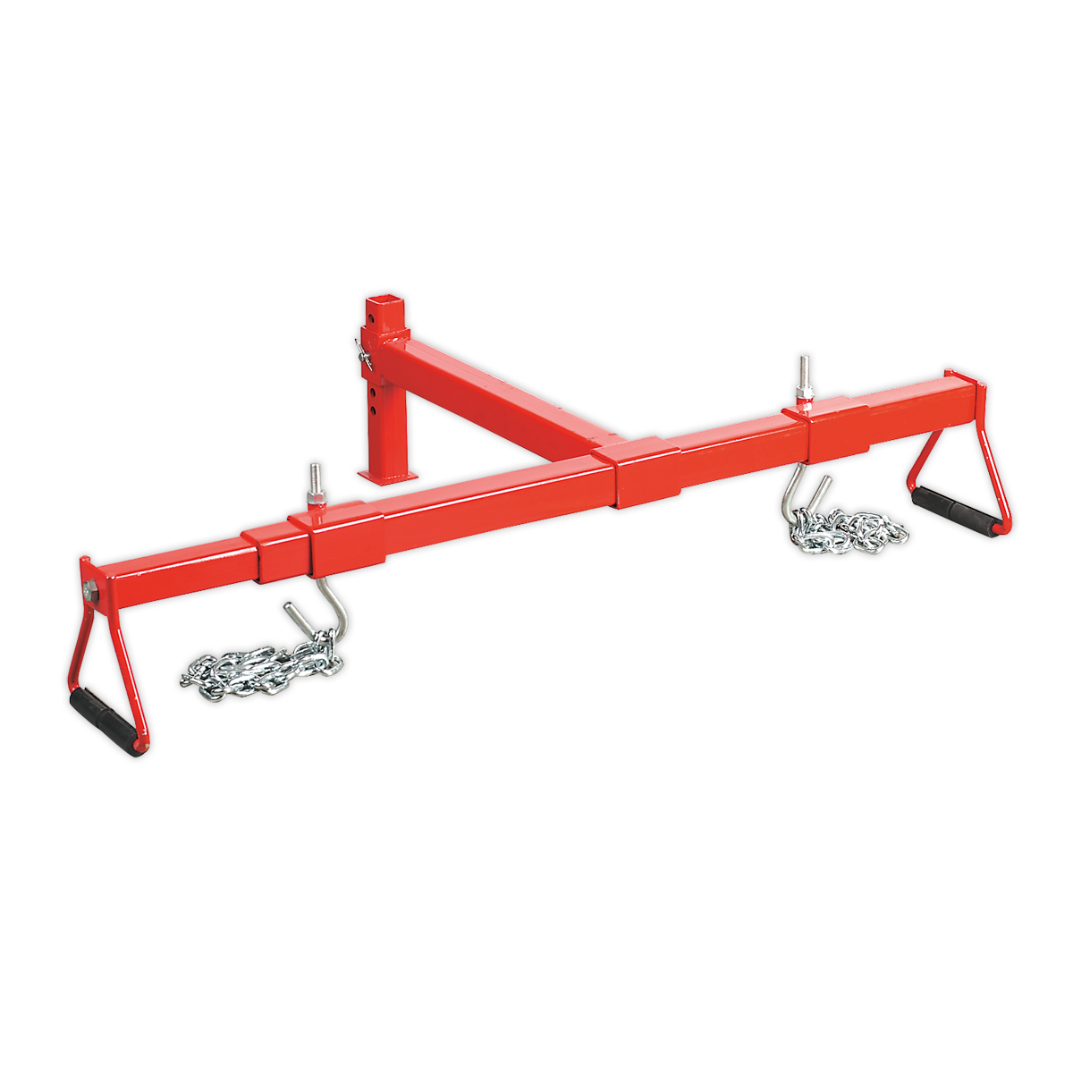 Red metal engine support beam, branded as Sealey's ES600, designed for lifting and transporting up to 600kg with two hooks and featuring a height-adjustable foot for enhanced versatility.