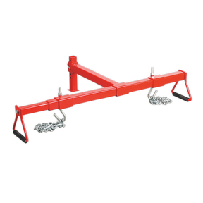 Red metal engine support beam, branded as Sealey's ES600, designed for lifting and transporting up to 600kg with two hooks and featuring a height-adjustable foot for enhanced versatility.