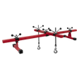 The Sealey Engine Support Beam with Cross Beam 500kg Capacity (model ES601) is a red engine support bar featuring an adjustable rotating beam, hooks, and stabilizing feet designed for securing and positioning engines during vehicle maintenance.