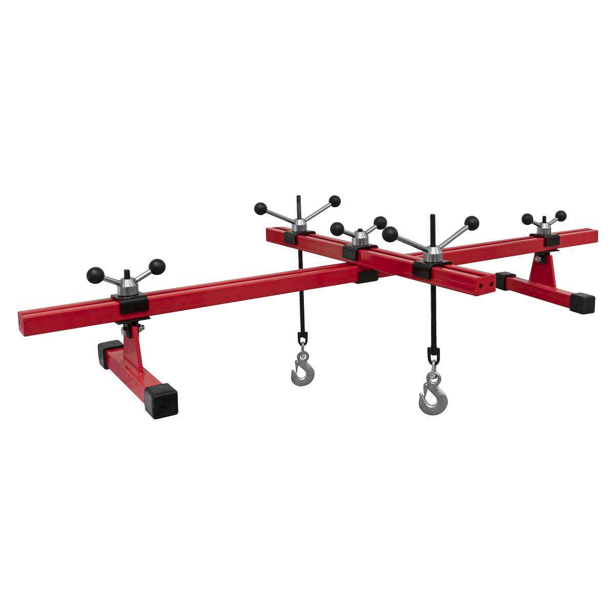 The Sealey Engine Support Beam with Cross Beam 500kg Capacity (model ES601) is a red engine support bar featuring an adjustable rotating beam, hooks, and stabilizing feet designed for securing and positioning engines during vehicle maintenance.