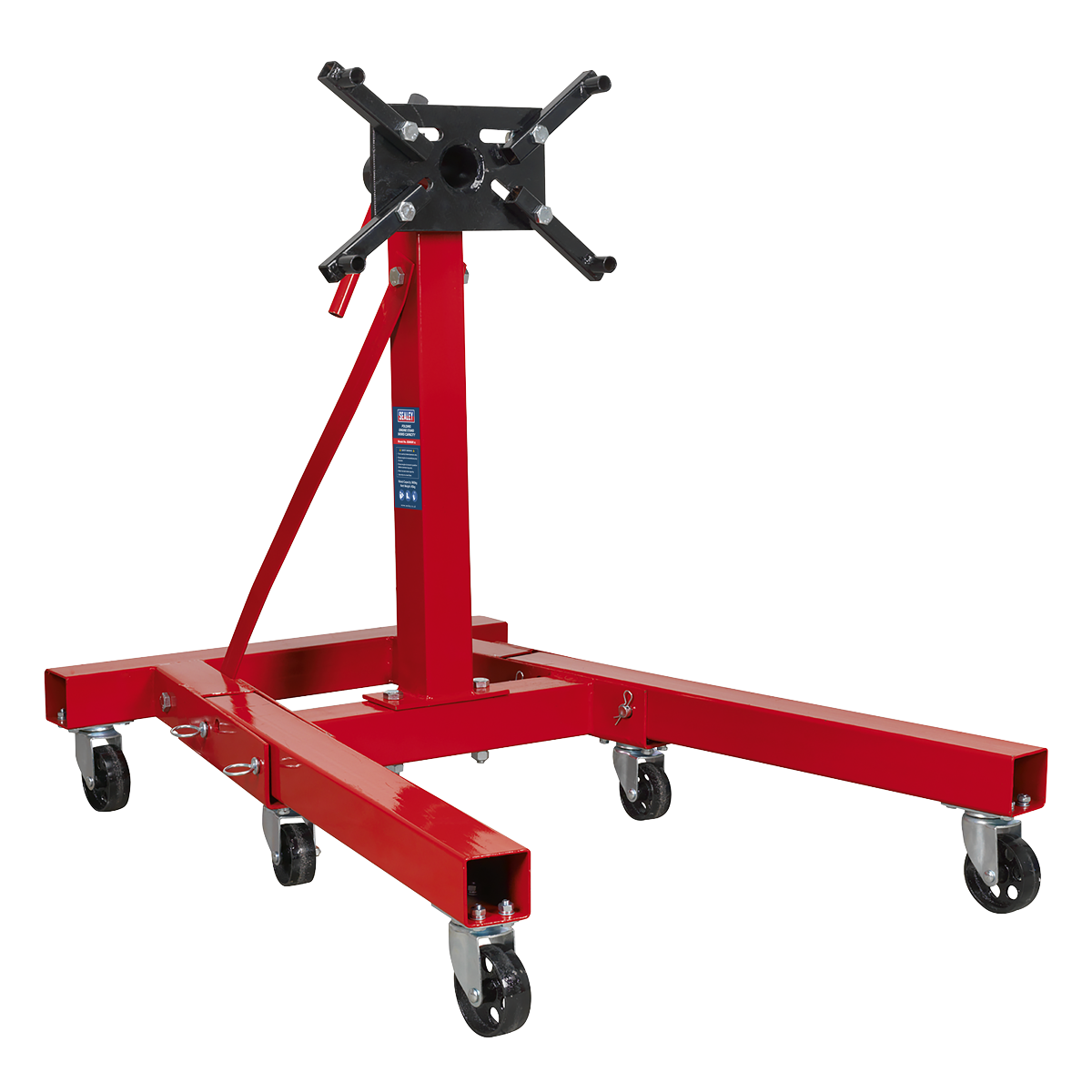 The Sealey Folding Engine Stand 900kg - ES900F features adjustable mounting arms, six caster wheels that allow mobility on concrete surfaces, and foldable legs for convenient storage.