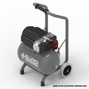 NARDI ESPRIT 075HP 60/4 10ltr Compressor - SIP-ESP10604 with a black motor, red and blue hoses, and a gray cylindrical tank on a wheeled frame. Perfect for airbrushing tasks. Text reads: "Nardi Compressori." Note at bottom states: "Image is for illustrative purposes only.