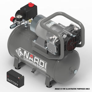 A gray SIP NARDI ESPRIT 3 12v 600w 15ltr Compressor (SIP-ESP1560012) with attached gauges and a handle, accompanied by a small battery. Text states: "Image is for illustrative purposes only." This oil-free pump ensures efficient operation without the need for regular maintenance.