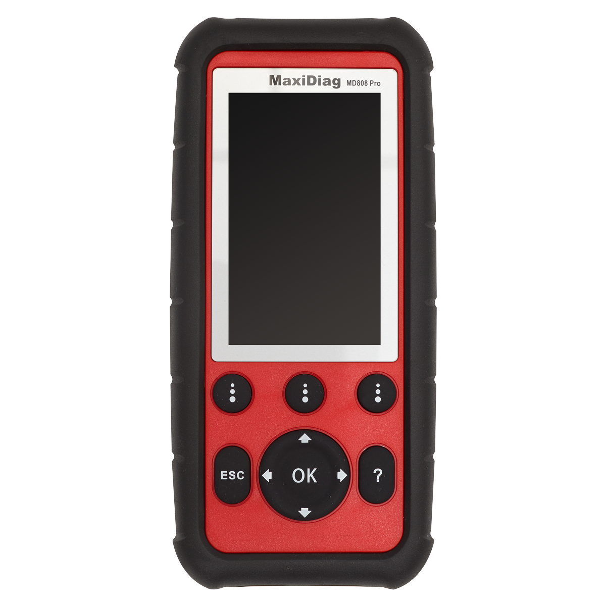 A diagnostic tool titled "Autel MOT Pro II® - Multi-Manufacturer Diagnostic Tool - EU908PRO" from Sealey, featuring a red body with a black border, a screen, and multiple buttons including ESC, OK, and directional arrows. This advanced device offers extensive manufacturer coverage for comprehensive diagnostics similar to the MaxiDiag MD808 Pro.