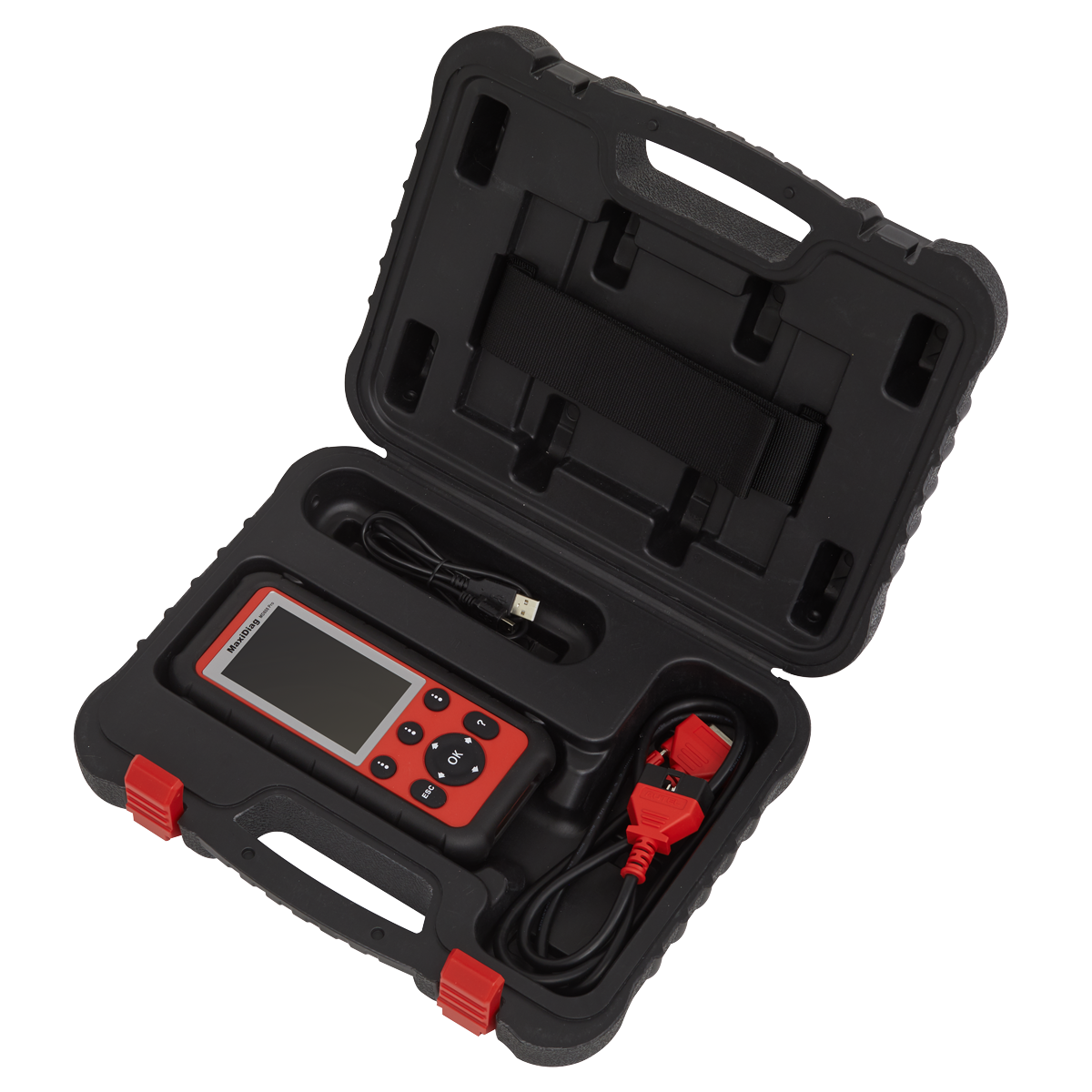 A Sealey carrying case containing an Autel MOT Pro II® (EU908PRO) multi-manufacturer diagnostic tool, a USB cable, and a red connector cable for comprehensive manufacturer coverage.