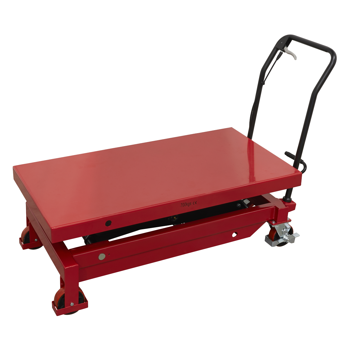 The Sealey 700kg Capacity EVBT700 Battery Lift/Hydraulic Platform Truck is a durable, heavy-duty red lift table on wheels featuring a black handle and a convenient foot pedal.