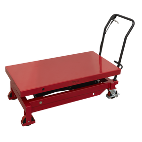 The Sealey 700kg Capacity EVBT700 Battery Lift/Hydraulic Platform Truck is a durable, heavy-duty red lift table on wheels featuring a black handle and a convenient foot pedal.