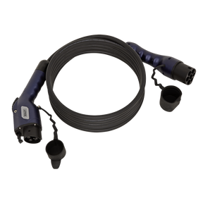 The Sealey EV Charging Cable Type 1 to Type 2 16A 5m - EVCC1216 is a coiled cable with an IP54 rating, protective caps for the plugs, connectors on both ends, and it supports a current of up to 16A.