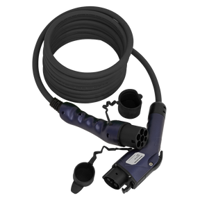 The Sealey EV Charging Cable Type 1 to Type 2 32A 5m - EVCC1232, featuring connectors, protective caps, and a neat coil design, is perfect for your electric vehicle needs. This Mode-3 charging cable ensures safe and efficient charging every time.