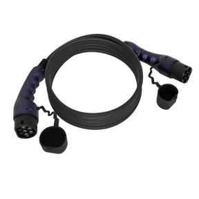 The Sealey EV Charging Cable Type 2 to Type 2 16A (EVCC2216) is a coiled, black cable measuring 5 meters, featuring two 16A connectors at each end protected by removable caps.