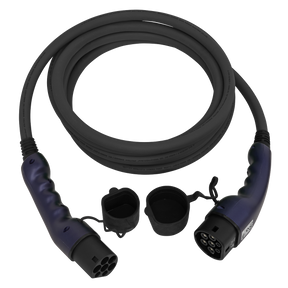 Sealey's EV Charging Cable Type 2 to Type 2 32A 3PH 5m - EVCC22323 is a coiled Mode-3 electric vehicle charging cable with an IP54 rating, featuring two connectors each equipped with protective caps.