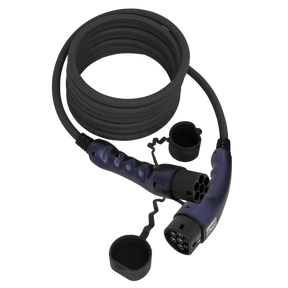 Introducing the Sealey EV Charging Cable Type 2 to Type 2 32A 5m - EVCC2232: a coiled black EV charging cable featuring connectors at both ends, covered by protective caps. This high-quality cable is designed to handle 32A of current and boasts an IP54 rating for water and dust resistance.