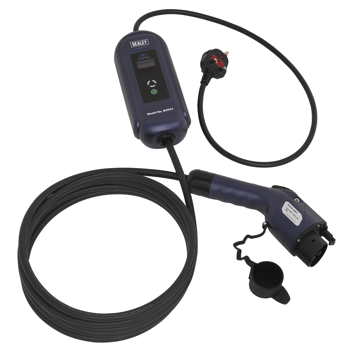 The Sealey Portable EV Charger Type 1 to UK 10A 5m Cable - EVPC1 features a coiled cord, control module, and a standard UK 13A power plug attachment to take advantage of off-peak electricity tariffs.