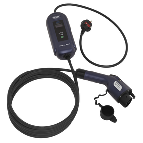 The Sealey Portable EV Charger Type 1 to UK 10A 5m Cable - EVPC1 features a coiled cord, control module, and a standard UK 13A power plug attachment to take advantage of off-peak electricity tariffs.