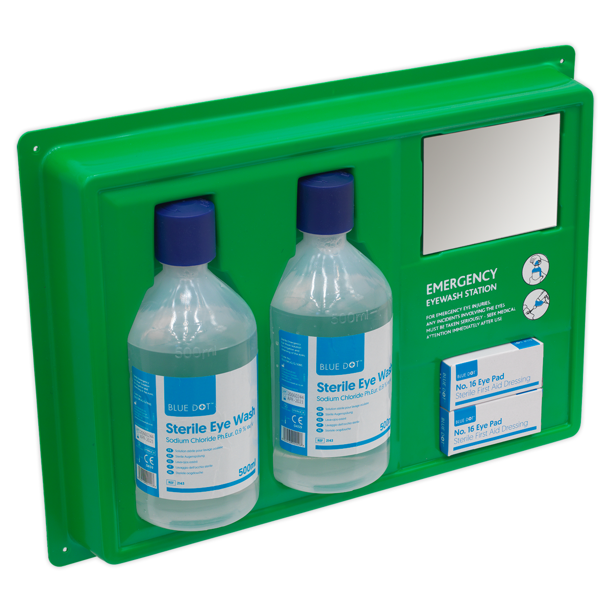 The Sealey Eye/Wound Wash Station - EWS03 features two bottles labeled "Sterile Eye Wash" and three boxes labeled "No.16 Eye Pad." A small shatterproof mirror is integrated on the right side.