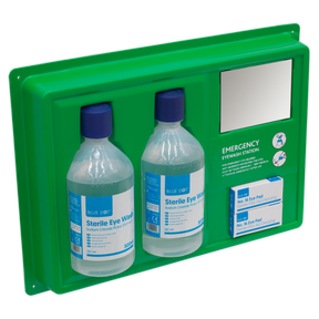 The Sealey Eye/Wound Wash Station - EWS03 features two bottles labeled "Sterile Eye Wash" and three boxes labeled "No.16 Eye Pad." A small shatterproof mirror is integrated on the right side.