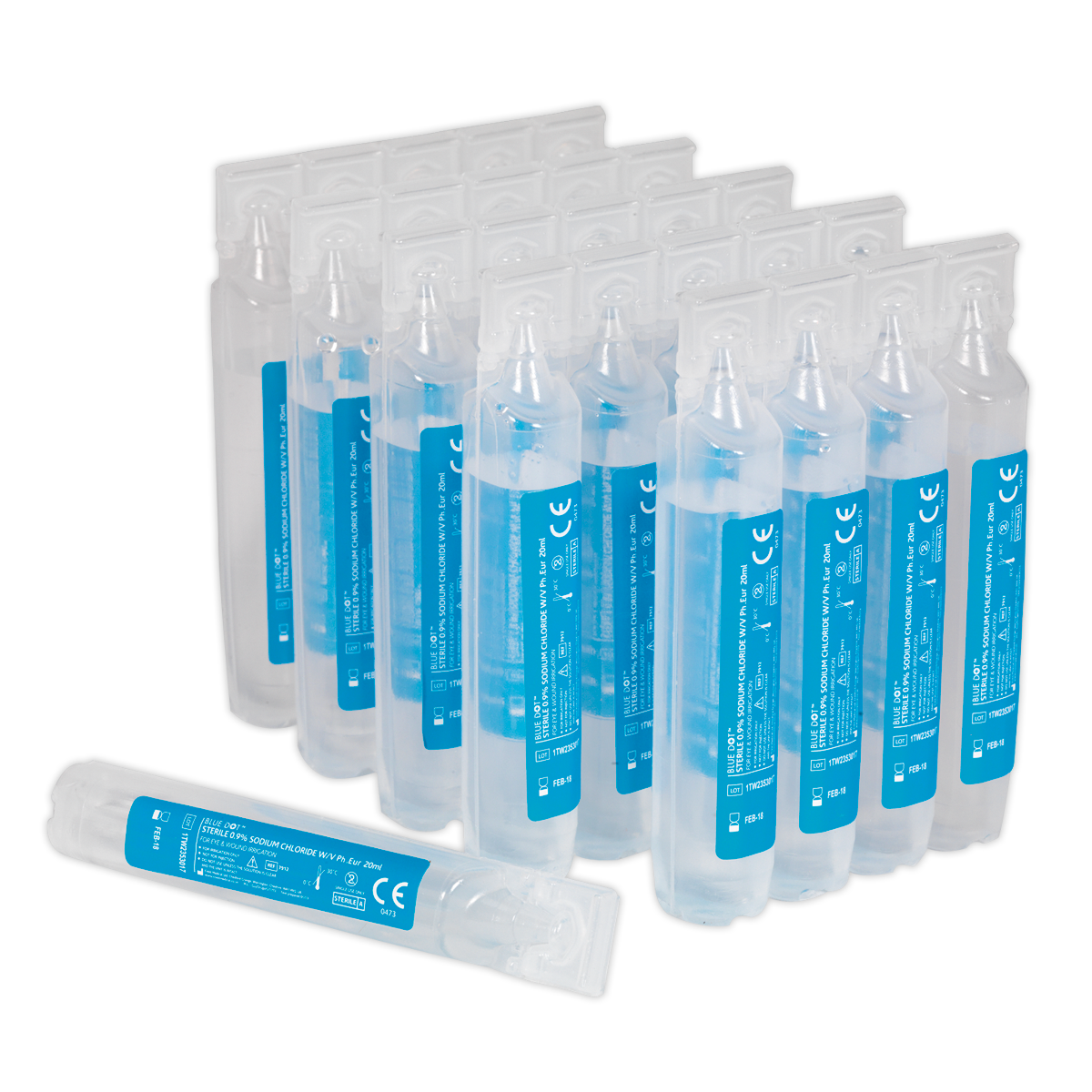 A row of small, clear plastic vials with blue labels, each containing sterile saline solution from the Sealey Eye/Wound Wash Solution Pods Pack of 25 (EWS25), is neatly arranged. One vial is positioned in front of the row.