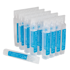 A row of small, clear plastic vials with blue labels, each containing sterile saline solution from the Sealey Eye/Wound Wash Solution Pods Pack of 25 (EWS25), is neatly arranged. One vial is positioned in front of the row.
