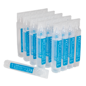 A row of small, clear plastic vials with blue labels, each containing sterile saline solution from the Sealey Eye/Wound Wash Solution Pods Pack of 25 (EWS25), is neatly arranged. One vial is positioned in front of the row.