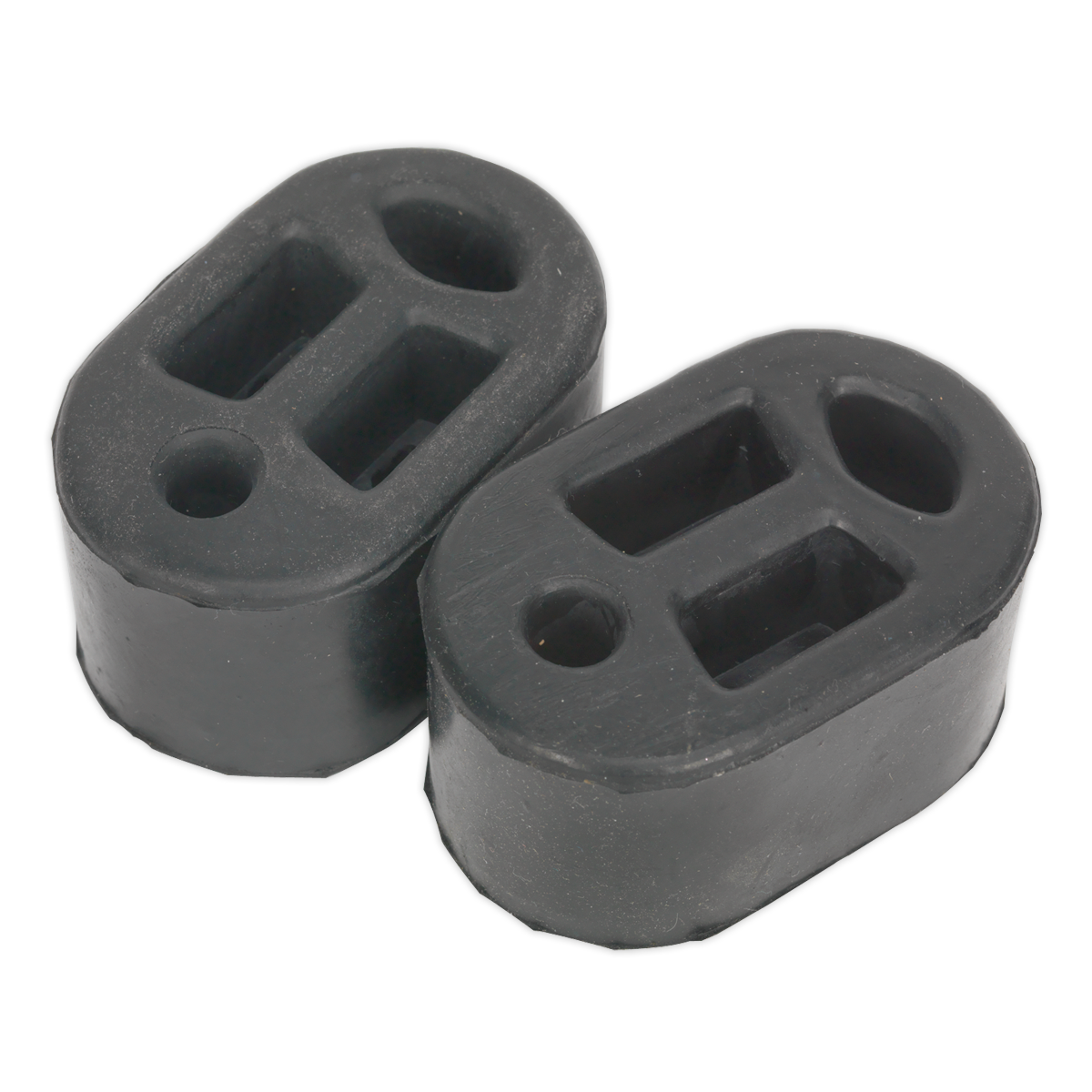 The Sealey Exhaust Mounting Rubbers L70 x D45 x H37 (Pack of 2) - EX01 are displayed against a white background. These black rubber mounts, designed for various vehicle models, feature an oval shape with multiple holes and a 33mm distance between the holes.