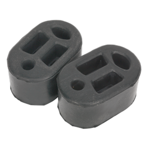 The Sealey Exhaust Mounting Rubbers L70 x D45 x H37 (Pack of 2) - EX01 are displayed against a white background. These black rubber mounts, designed for various vehicle models, feature an oval shape with multiple holes and a 33mm distance between the holes.