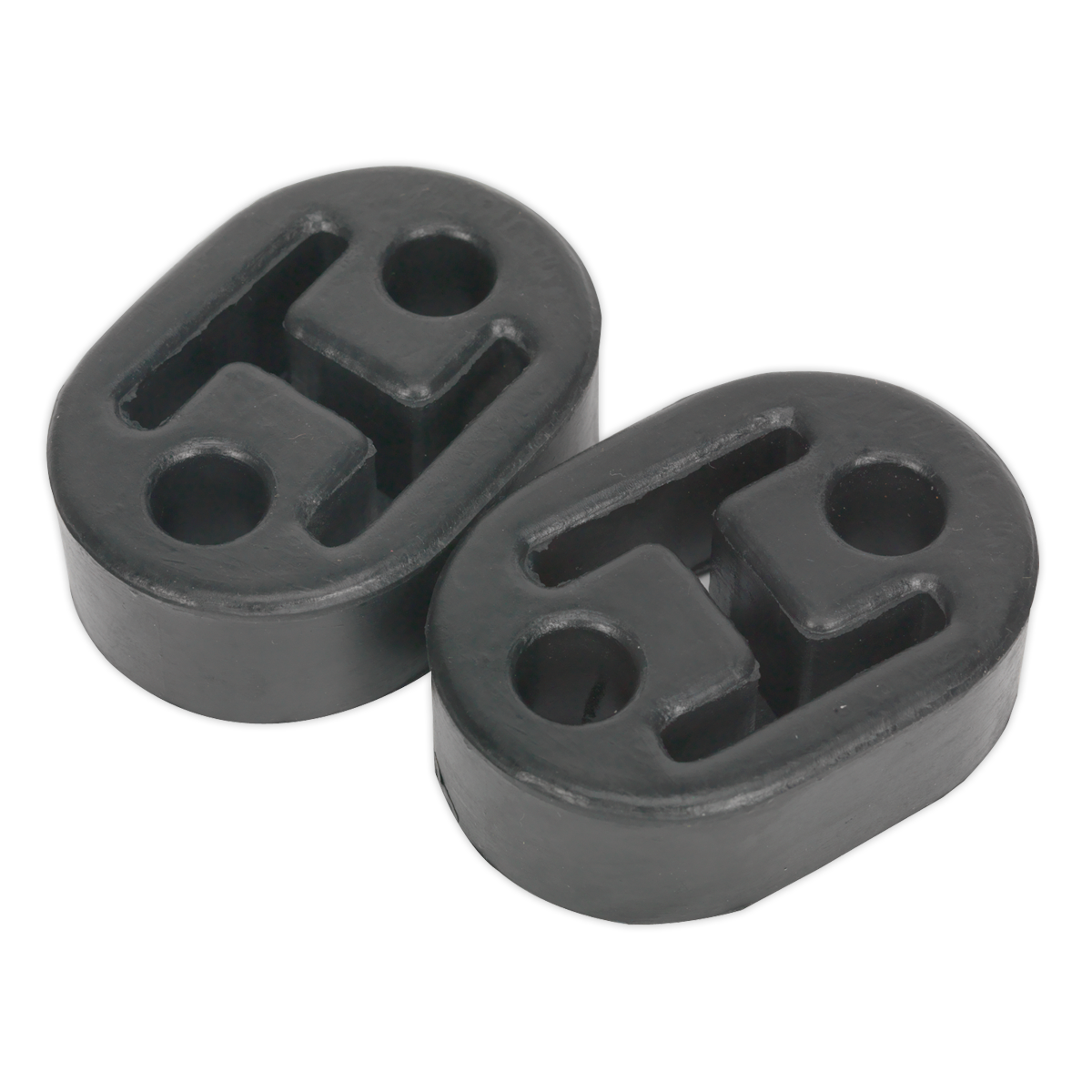 The Sealey Exhaust Mounting Rubbers L60 x D41 x H20 (Pack of 2) - EX02, featuring oval shapes and dual mounting holes in black rubber, are pictured against a white background. They are compatible with various vehicle models.