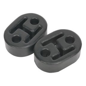 The Sealey Exhaust Mounting Rubbers L60 x D41 x H20 (Pack of 2) - EX02, featuring oval shapes and dual mounting holes in black rubber, are pictured against a white background. They are compatible with various vehicle models.