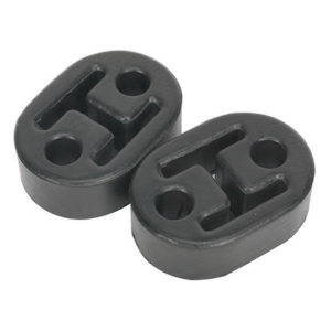 The Sealey Exhaust Mounting Rubbers L60 x D41 x H20 (Pack of 2) - EX02, featuring oval shapes and dual mounting holes in black rubber, are pictured against a white background. They are compatible with various vehicle models.