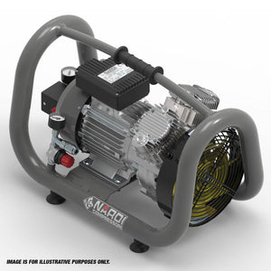 A grey SIP NARDI EXTREME 3T 150HP 10BAR 5ltr air compressor, equipped with protection bars and visible motor components, featuring an oil-free pump for efficient performance. Note: Image for illustrative purposes only.