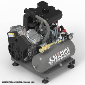 Image of an SIP NARDI EXTREME 3 24v 7ltr Compressor (model IP-EXT780024), showcasing a black and silver engine with an oil-free pump, pressure gauge, and a label. The compressor is set against a white background and indicated as for illustrative purposes only.