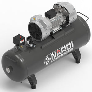 Here's an image of the SIP NARDI EXTREME MP 250HP 200ltr Compressor - SIP-EXTMP20025 featuring a cylindrical tank, control panel, twin motors, and a top-mounted cooling fan. The dark gray tank prominently displays the Nardi logo on its side. This compressor is ideal for industrial-grade applications.