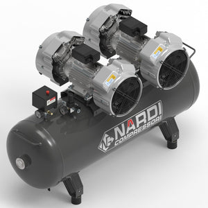 Introducing the NARDI EXTREME MP 500HP 200ltr Compressor - SIP-EXTMP20050 by SIP, which features a dual-motor configuration, a black cylindrical tank with the brand logo prominently displayed, a control panel, and oil-free pump piping connections tailored for industrial-grade applications.