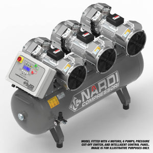 Introducing the NARDI EXTREME MP 9HP 270ltr Compressor with Panel - SIP-EXTMP27090CP by SIP, a high-volume compressor featuring four motors, six oil-free pumps, a pressure cut-off switch, and an intelligent control panel. Image is for illustrative purposes only.