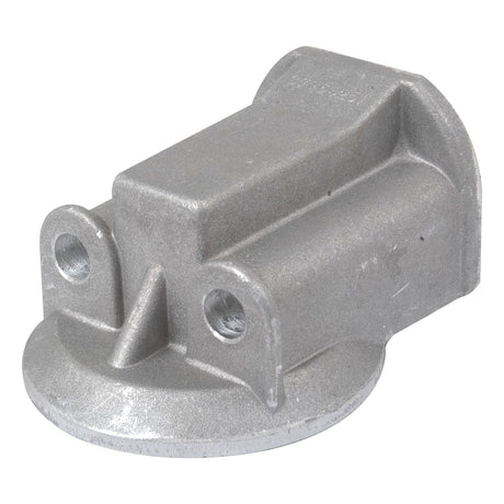 A metallic, machined part with a flat circular base and two holes near the top, resembling an Engine Oil Filter Head. This industrially designed component is often seen in Massey Ferguson machinery and is known as the Sparex Engine Oil Filter Head (Part No. S.40531).