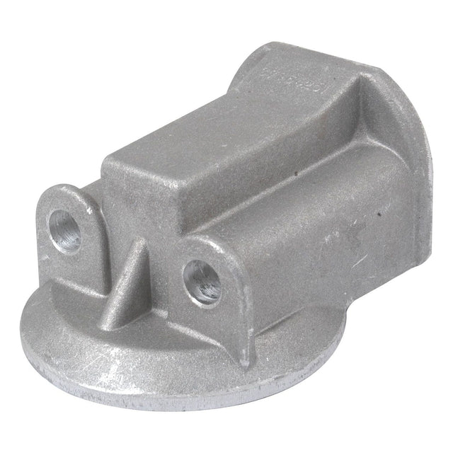 A metallic, machined part with a flat circular base and two holes near the top, resembling an Engine Oil Filter Head. This industrially designed component is often seen in Massey Ferguson machinery and is known as the Sparex Engine Oil Filter Head (Part No. S.40531).