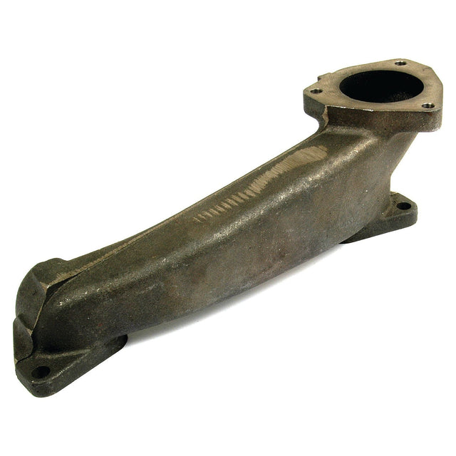 A rusty, curved metal exhaust manifold, similar in appearance to the Sparex Exhaust Manifold (4 Cyl.) with mounting holes on both ends, Sparex Part No. S.40636.