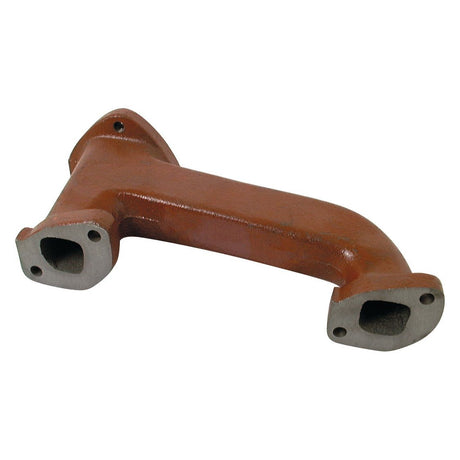 A red, L-shaped Sparex Exhaust Manifold (3 Cyl.) - Sparex Part No.S.41320 with two mounting holes and open ends.