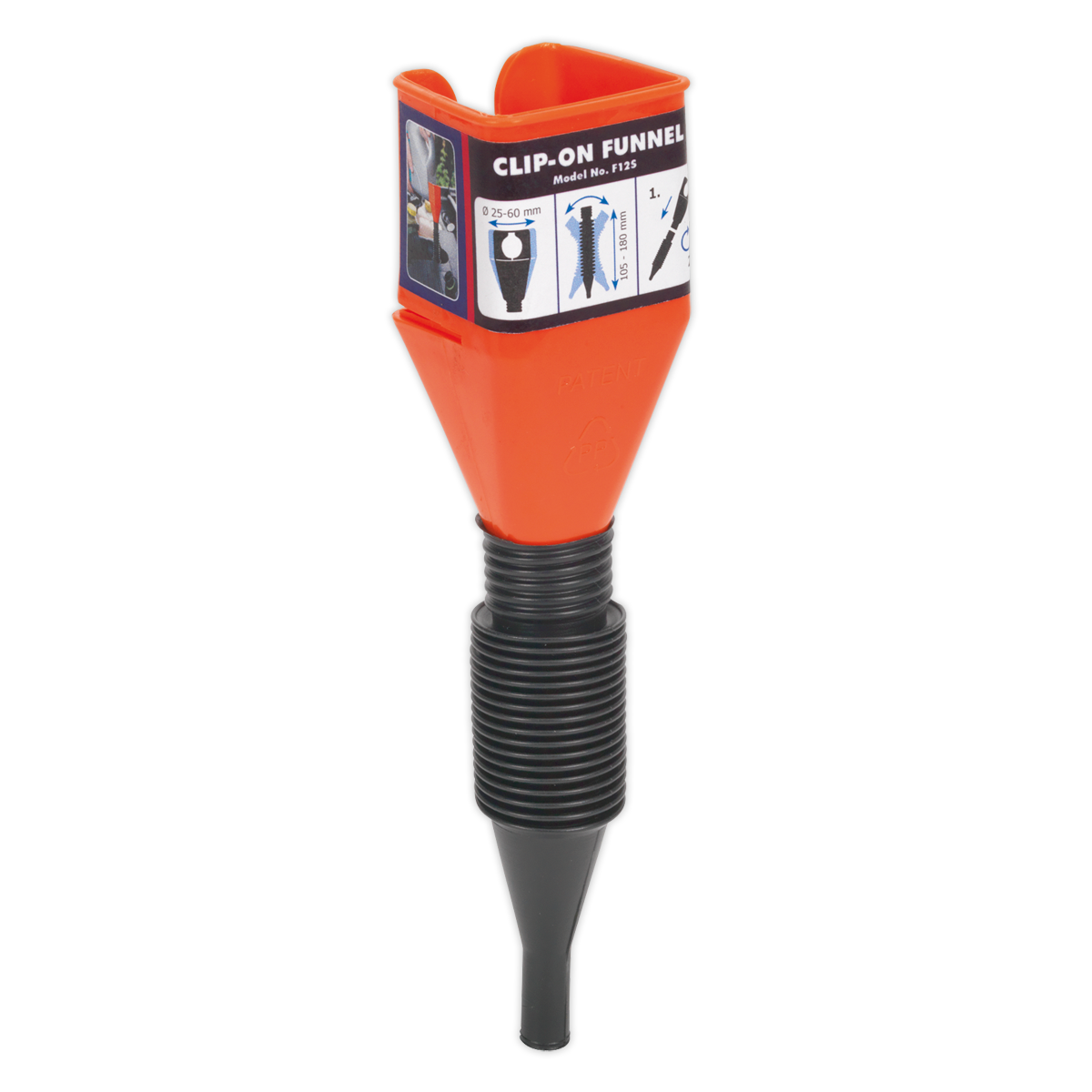 The orange and black Clip-On Funnel with Spout - F12S by Sealey features a ridged nozzle and comes with a packaging label providing product information and usage instructions to help prevent spills.