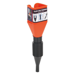 The orange and black Clip-On Funnel with Spout - F12S by Sealey features a ridged nozzle and comes with a packaging label providing product information and usage instructions to help prevent spills.