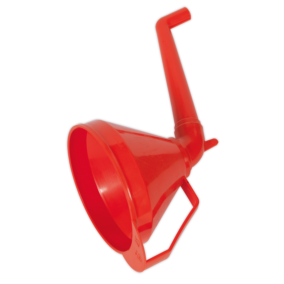 The Sealey Funnel with Fixed Offset Spout & Filter Medium Ø160mm - F16 is a red polyethylene funnel featuring a long offset spout, a handle near the base, and a removable brass filter.