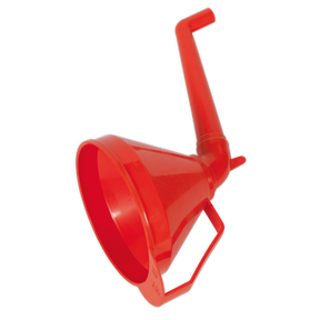 The Sealey Funnel with Fixed Offset Spout & Filter Medium Ø160mm - F16 is a red polyethylene funnel featuring a long offset spout, a handle near the base, and a removable brass filter.